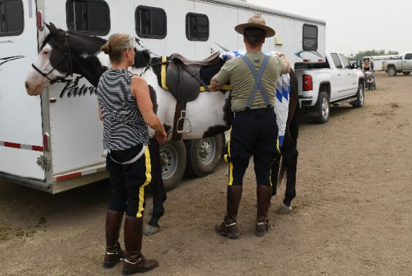 Le sergent Dennis Silliker et la gend. Tina Platford préparent leur cheval pour les cérémonies d'ouverture. Il faut les brosser, les seller et fixer la couverture étoilée, destinée à honorer le peuple Lakota - les vivants et les disparus - sur la croupe d'un cheval