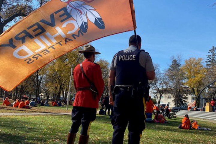 Officers and employees from across the province took part in ceremonies and events in their communities – from painting detachment sidewalks with orange handprints, participating in Truth and Reconciliation awareness walks, carrying and raising Reconciliation flags and banners, to setting up a tipi at a local school – in the spirit of connecting with and supporting the people and communities they serve.