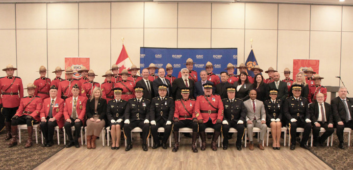 Group photo of the recipients of the RCMP Long Service Awards and distinctive Commendations that were presented in Etobicoke, Ontario on February 8, 2024