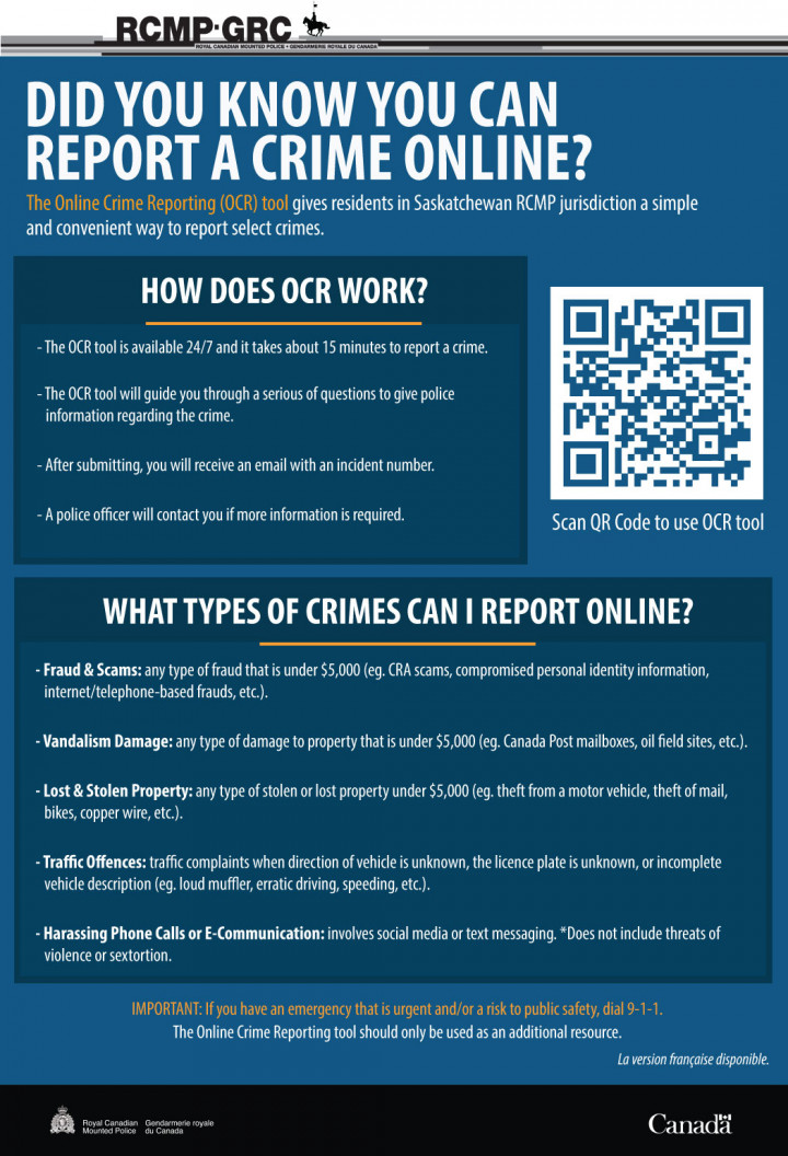 Poster with blue background and white text about online crime reporting, QR Code included at the top