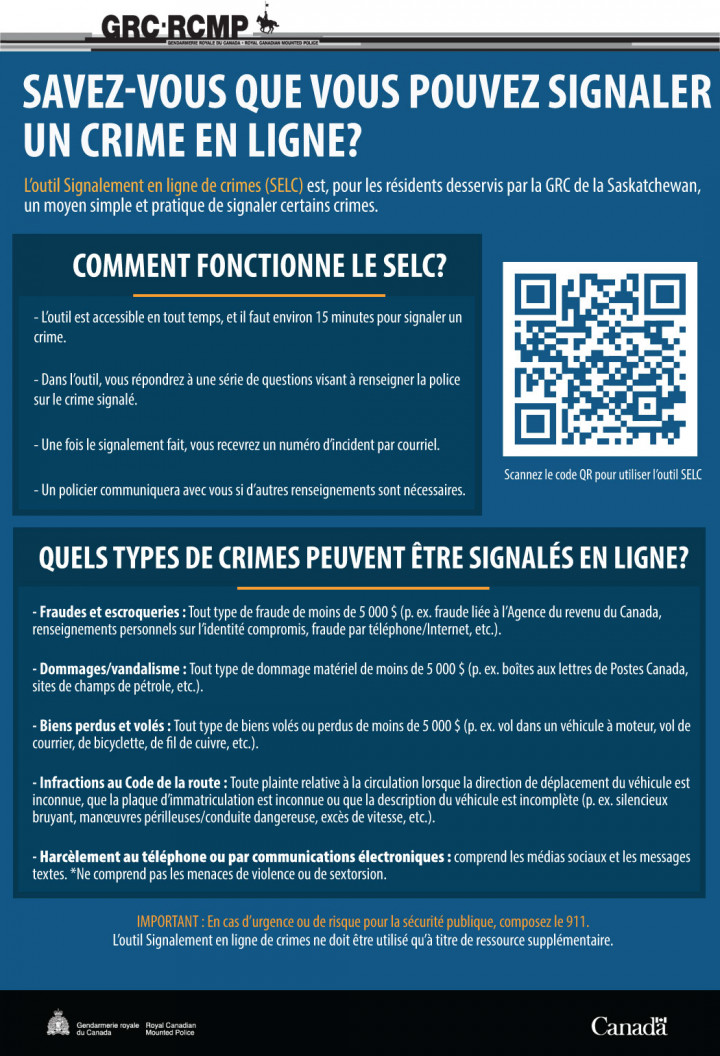 Affiche avec fond bleu et texte blanc sur le signalement de délits en ligne, avec code QR en haut de l'affiche.