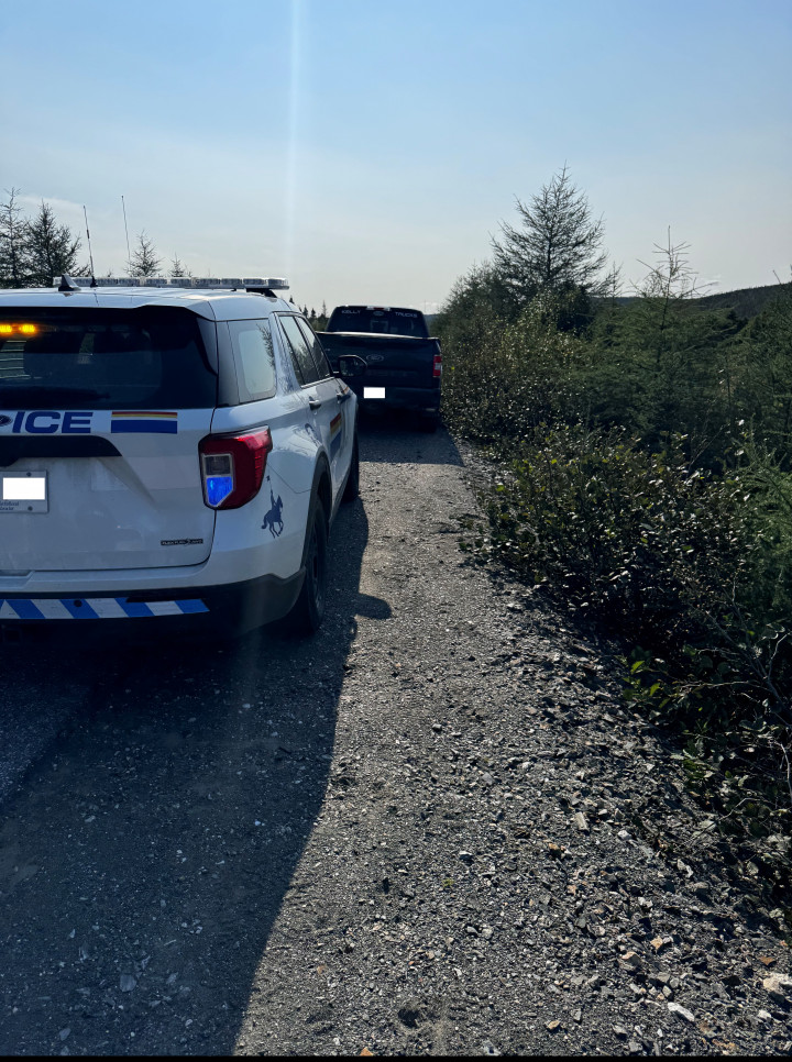 A RCMP police cruiser is parked behind a black truck on the side of the road.