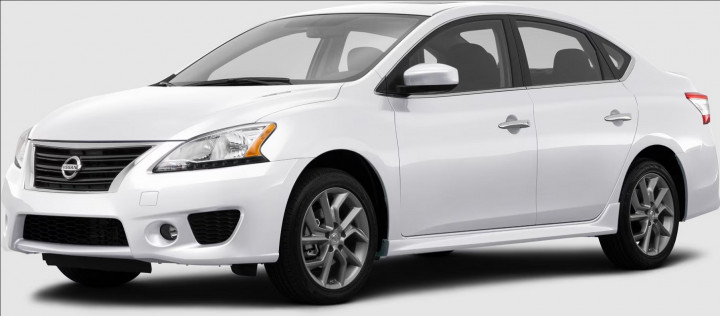 A stock image of a white 4-door Nissan Sentra car.